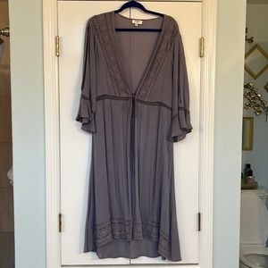 Umgee Amethyst Color Kimono. Boho Chic Embroidery & Lace Detail w/Split Sleeve